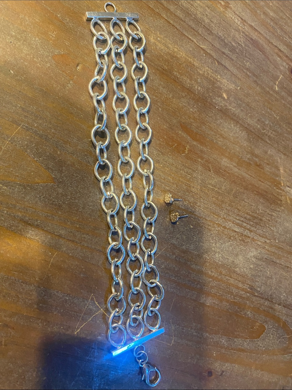 Silver Multi-Row Chain Bracelet with Toggle Closure and pounded small heart post